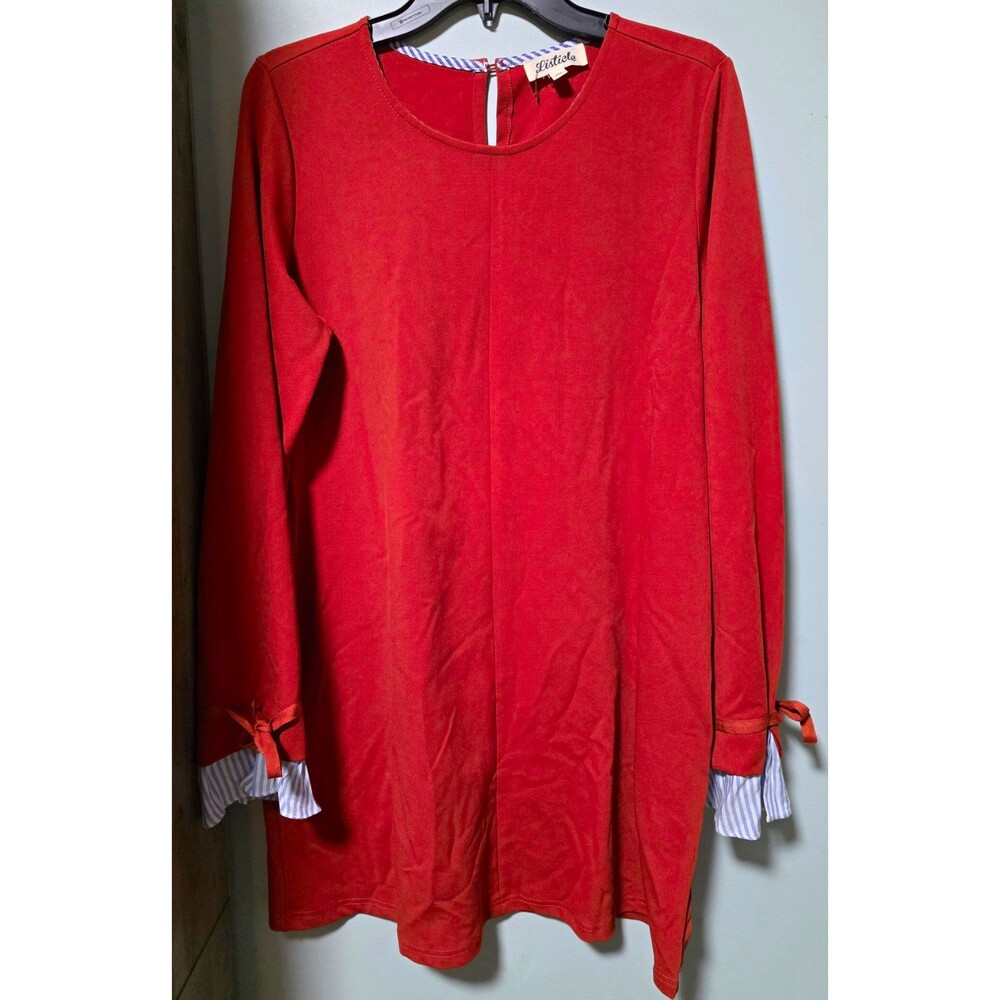 Listicle Women's Rust Mini Shift Dress Long Sleeve Round Neck Keyhole Bow M